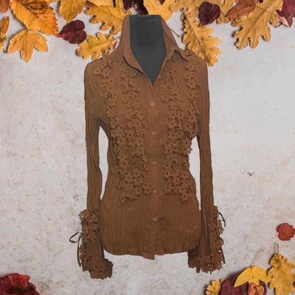 Seessel Italian Designer Tops - Sesseel Women’s Fall Blouse -Burnt Orange -Size S -Long-Sleeve Crinkle/Appliqués